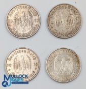 4x 1935 German Nazi 5 Marks, Paul von Hindenburg, silver 900 coins