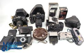 Box of Cameras and components including a Praktica Electronic Camera and Case, Nikon F-601 Camera