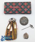Silver White Metal Brooches and Locket, to include a good white metal Scottish Sporran with silk in