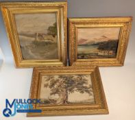 3 Period Paintings - oil and watercolour - a Highland view with sheep signed A Cox on canvas