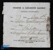 Railway Tickets (2) Stockton & Darlington Railway 1840s. An Employees Free Ticket from Shildon to
