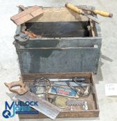 Wooden Toolbox with Vintage tools, to include a good 3 lever padlock with keys, tenon saws, chisels,