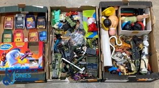 3 Boxes of Assorted Toys, to include action figures wresters, Bob the Builder watch, Spiderman,