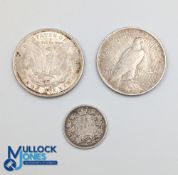 US Liberty Head Silver Dollar Coins, dates of 1921 1922 and an 1872 25-cent Canadian silver coin (