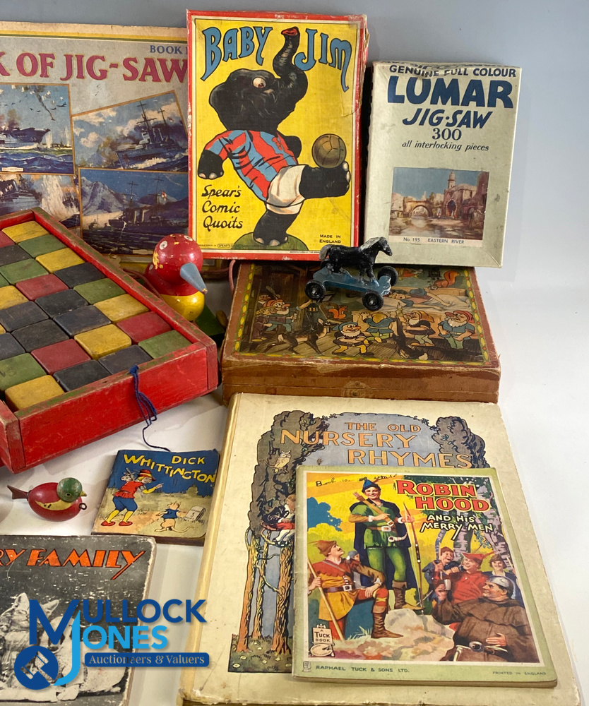 Period Children Toys, Books Jigsaws, to include wooden bricks, pull along duck, spinning top - Image 2 of 5