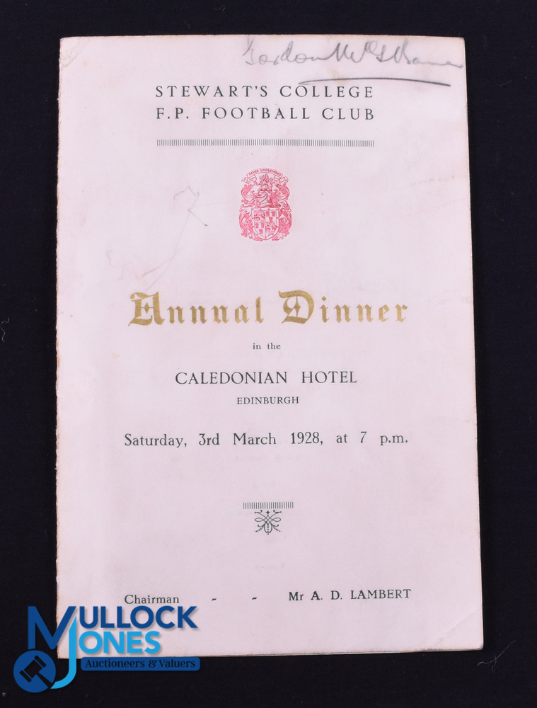 1928 Stewart's Coll FP v Bradford Signed Dinner Menu: 13 autographs neatly pencilled to this