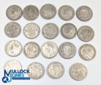 Pre 1947 50/50 Silver British Crown Coin Collection: a good collection of 19 half crowns 1921-1946