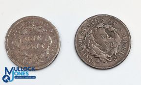 US 1 Cent Coin - a 1833 Coronet Cent coin, 1839 braided head coin - in used condition (2)