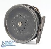 Hardy Bros Perfect 3 3/8” Contracted Perfect Reel with strapped rim tensioner with rod in hand logo