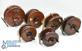 6x Various Nottingham wood and brass reels - sizes vary between 3 1/2