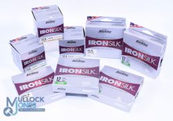 A collection of Berkley Iron Silk super polymer fishing line: 5x 6.b, 12lb, 17lb, 50lb. 2x 20lb