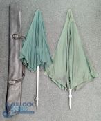 2 large green Fishing Umbrellas all complete unbranded with aluminium spike, within a nylon rod