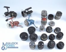 A large collection of reels (for parts) and spools - Abu, Mitchell, Shimano, Intrepid and others: 4x