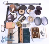 A large collection of fishing accessories, as follows: Hardy single draw gaff with belt clip and