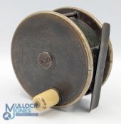 P D Malloch Ebonite and brass Salmon 4” fly reel nickel silver rims, constant check, pillared