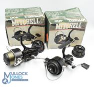 2x Mitchell 400 Spinning Reels in black finish, LHW, with spare spools, comes with maker's box and