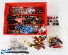 A huge collection of artificial baits in an Anciano box with sliding lid, made up of wood and