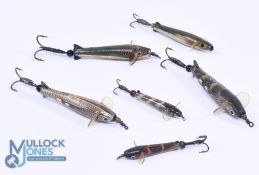 Collection of 6 Allcock Feathero Devon minnows, ranging in sizes 1.5
