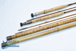 An unnamed split cane trout fly rod 9ft 3pc with brass fittings, red agate butt/tip ring, cloth