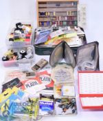 Collection fly tying materials including many spools of silks, threads, in sparkle and fluro