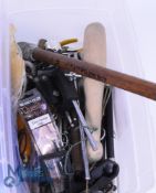 Mixed collection of fly tying and fishing accessories including 2x vices by Veniard and Sunrise,