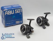 A pair of Abu 501 closed face reels, both run well, one in original box with instructions and