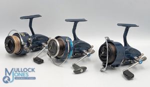 A pair of Mitchell 440A fixed spool reels, blue finish, both with good bail and bail lock;