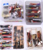 Large quantity of used fishing lures including fly and sea patterns, in many colours, metal spinners