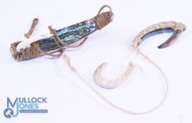 Pair of early shell and horn fish hooks, 2.5