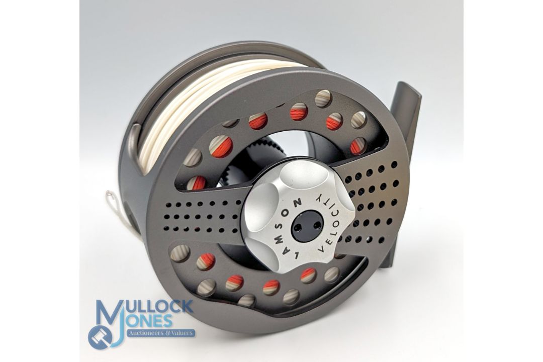 A fine and scarce Lamson Waterworks Hard Alox VI 5J velocity alloy fly reel 3" wide ventilated - Image 2 of 2
