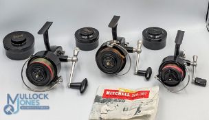 Mitchell 300 fixed spool reel, good bail, with 2 spare spools, light use; a pair of 306 fixed