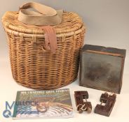 Fishing Basket Creel, with a mixture of fishing items, the half-moon basket has a later added