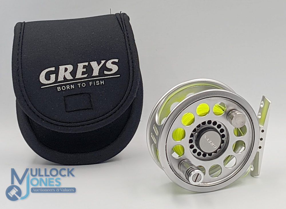 Grey's Alnwick Streamlike 4/5 alloy trout fly reel 3 1/8" wide ventilated spool, counter balanced