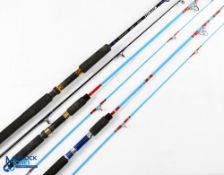 A collection of glass spinning rods, made up of: 2x Pegley Popular RD802 6' 2pc rods, no bag. 1x