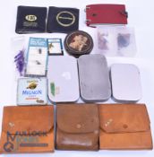 Three Wheatley alloy dry fly boxes including an early 16 compartment model with leather wallet to