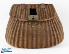Period Split Reed Fishing Creel, with a centre slot, leather hinges and a brass lock plate, in the