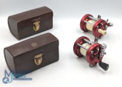 Abu Ambassadeur 6000 multiplier reel, white handle, 4 screw end plate, no foot stamp, clean in brown