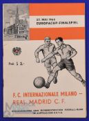 1964 European Cup final match programme Real Madrid v Inter Milan (Vienna) + 4 page insert; good. (