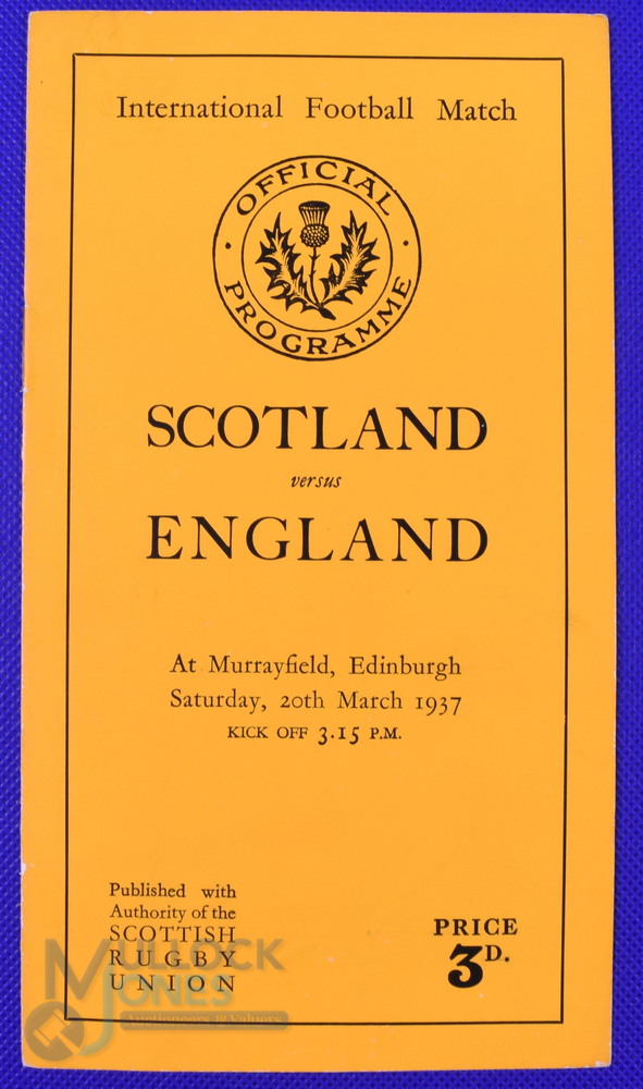 Scarce 1937 Scotland v England Rugby Programme: Triple Crown match for England. Standard Murrayfield