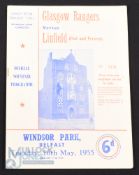 1955 Linfield v Glasgow Rangers fund raiser match programme 10 May 1955 at Windsor Park, Belfast;