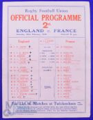 Scarce 1930 England v France Rugby Programme: Larger format Twickenham issue with teams to front