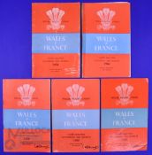 1954-1964 Wales v France Rugby Programmes (5): All at Cardiff, from 1954, 56, 58, 60 and 64. G/VG