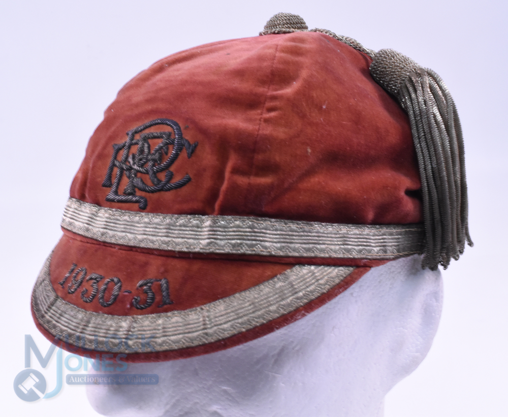 1930-1 Paignton RFC Velvet Rugby Honours Cap: Red six-panelled cap with gold braid and tassel,