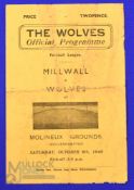 1946 Wolverhampton Wanderers v Millwall football league south match programme 6 October 1945; fair