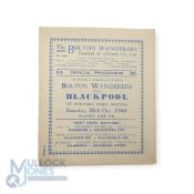1946/47 Bolton Wanderers v Blackpool Div. 1 match programme 26 October 1946; score noted, fair. (1)
