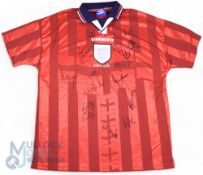1997/98 Multi-Signed England International away football shirt in red, Umbro XL, short sleeve,