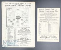 1945-46 Millwall FC v Swansea Town 10th September 1945 football programme, together with Luton