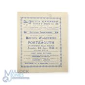 1946/47 1st home match after WW2, Bolton Wanderers v Portsmouth 7 September 1946 programme; tiny