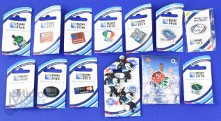 2015 RWC Official Rugby Lapel Badges (15): Flags of Ireland and Italy; SA Player Figure; Venues: