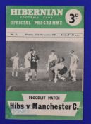 1957/58 Hibernian v Manchester City floodlit challenge match programme 25 November 1957 at Easter